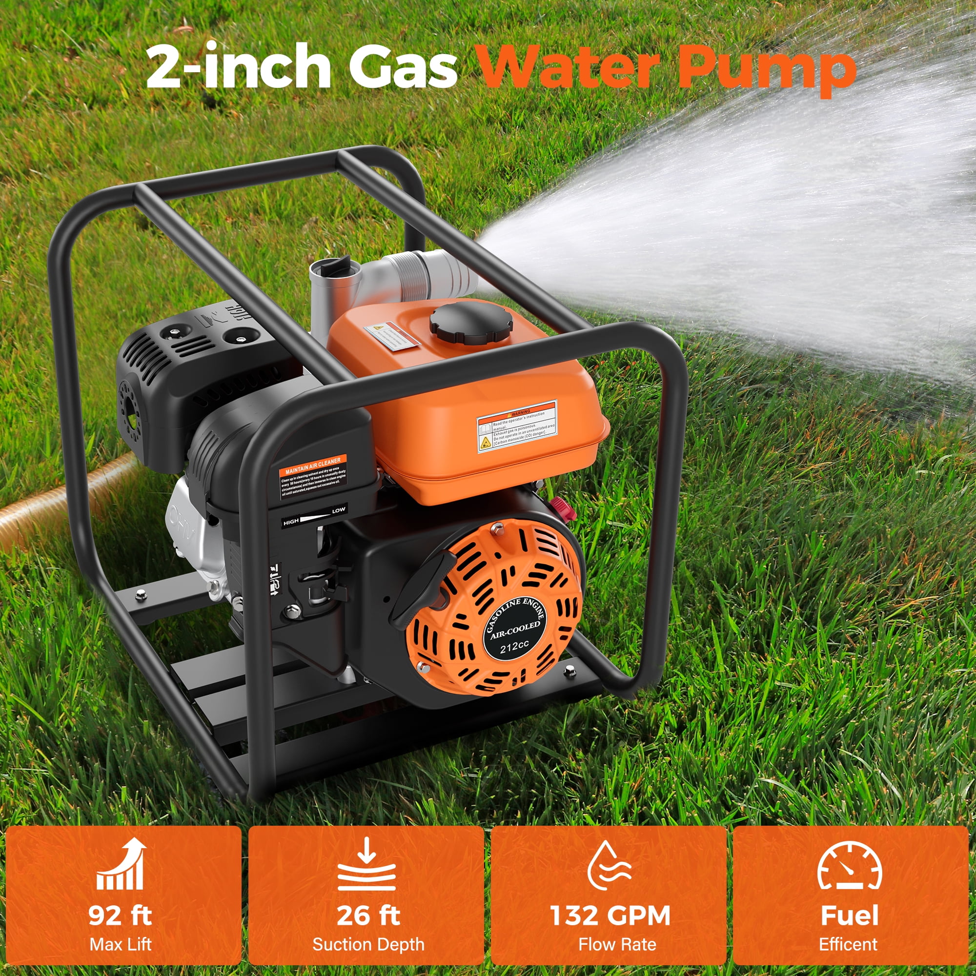 Efurden Gas Powered Water Pump, 2 inches 7HP 4-stroke Portable Irrigation Pump,  135 GPM Water Transfer Pump, EPA Certified
