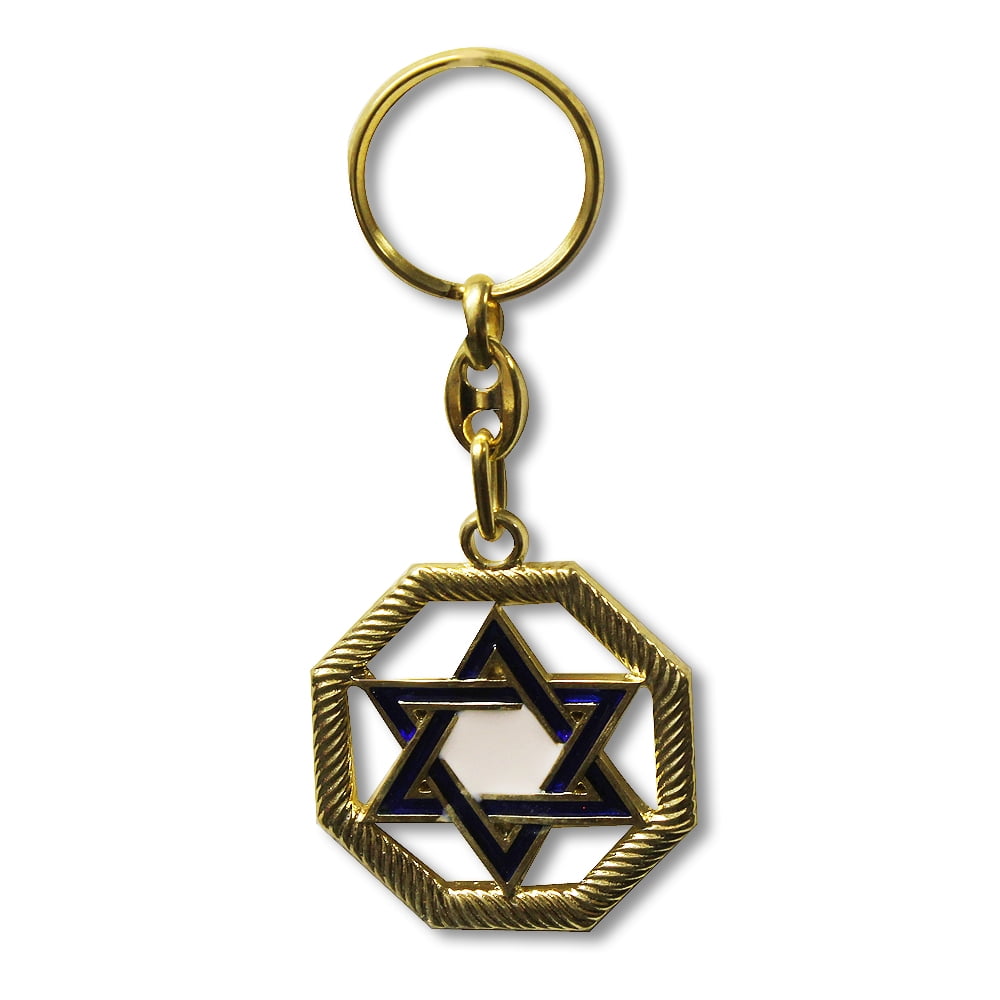 Metal Yellow GoldTone Blue Jewish Star of David Menorah Design Key