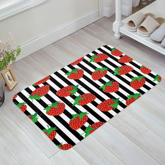 Red Strawberry Black And White Stripes Fruit Kitchen Floor Mat Living Room Decor Carpet Home Entrance Doormat Anti Slip Rug