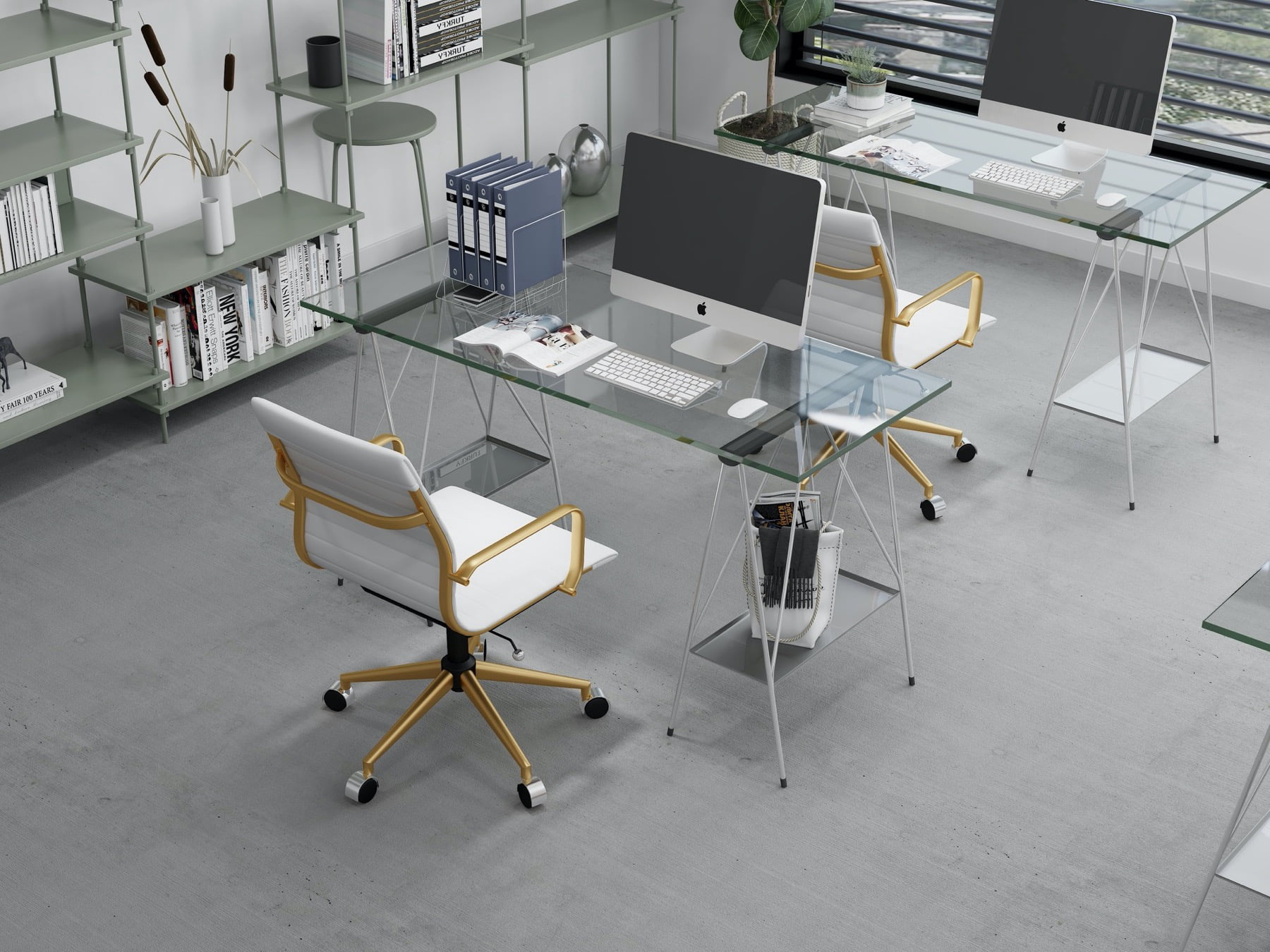 Luxmod Mid Back Gold Office Chair in White Leather, Adjustable Swivel Chair in Durable Vegan Leather, Ergonomic Desk Chair for Extra Back & Lumbar Support, Modern Executive Chair