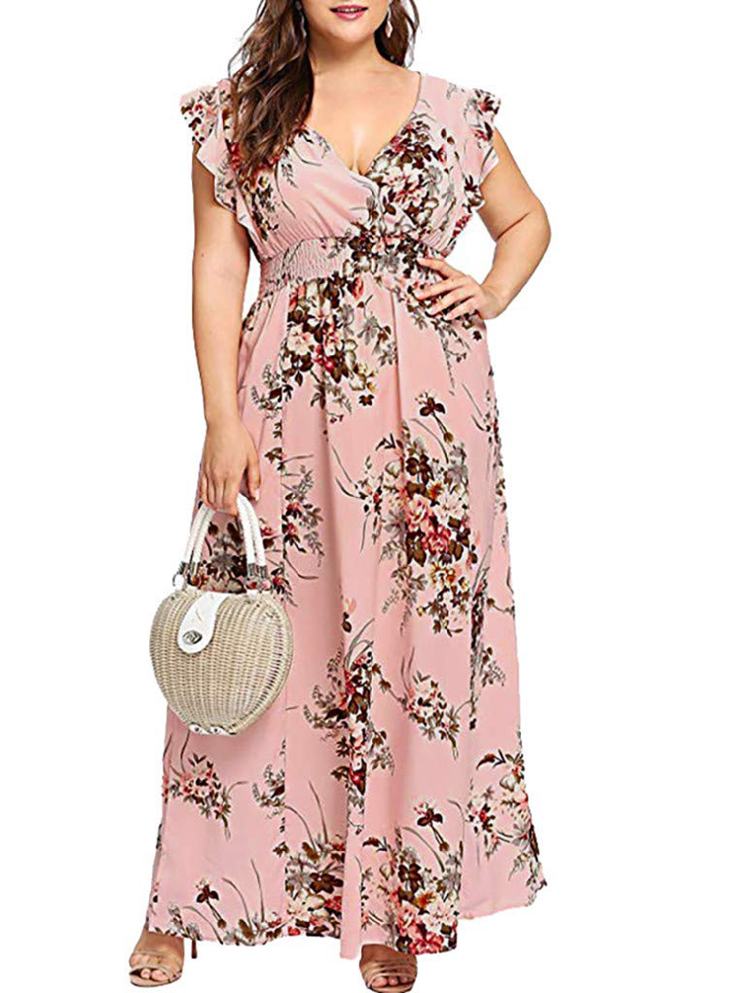 Sexy Dance Plus Size Dresses For Women Summer Boho Flower Print Maxi Dress V Neck Short Sleeve