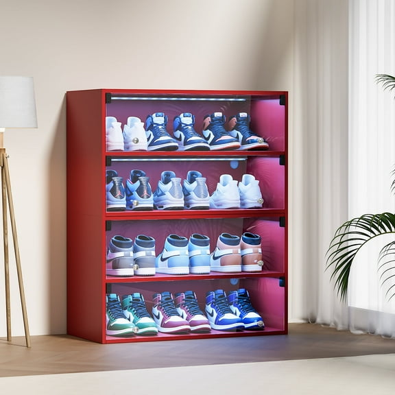 REDSASA Shoe Storage Cabinet with RGB LED Light - Clear Door Storage Display Case for 6 Sneakers Collection, Modern Shoe Box Organizer,Red