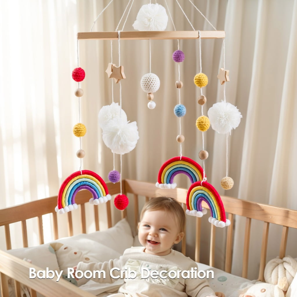 Zeiwohndc Wooden Rainbow Star Pendant Crib Mobile Nordic Nursery Decoration Hanging Toy