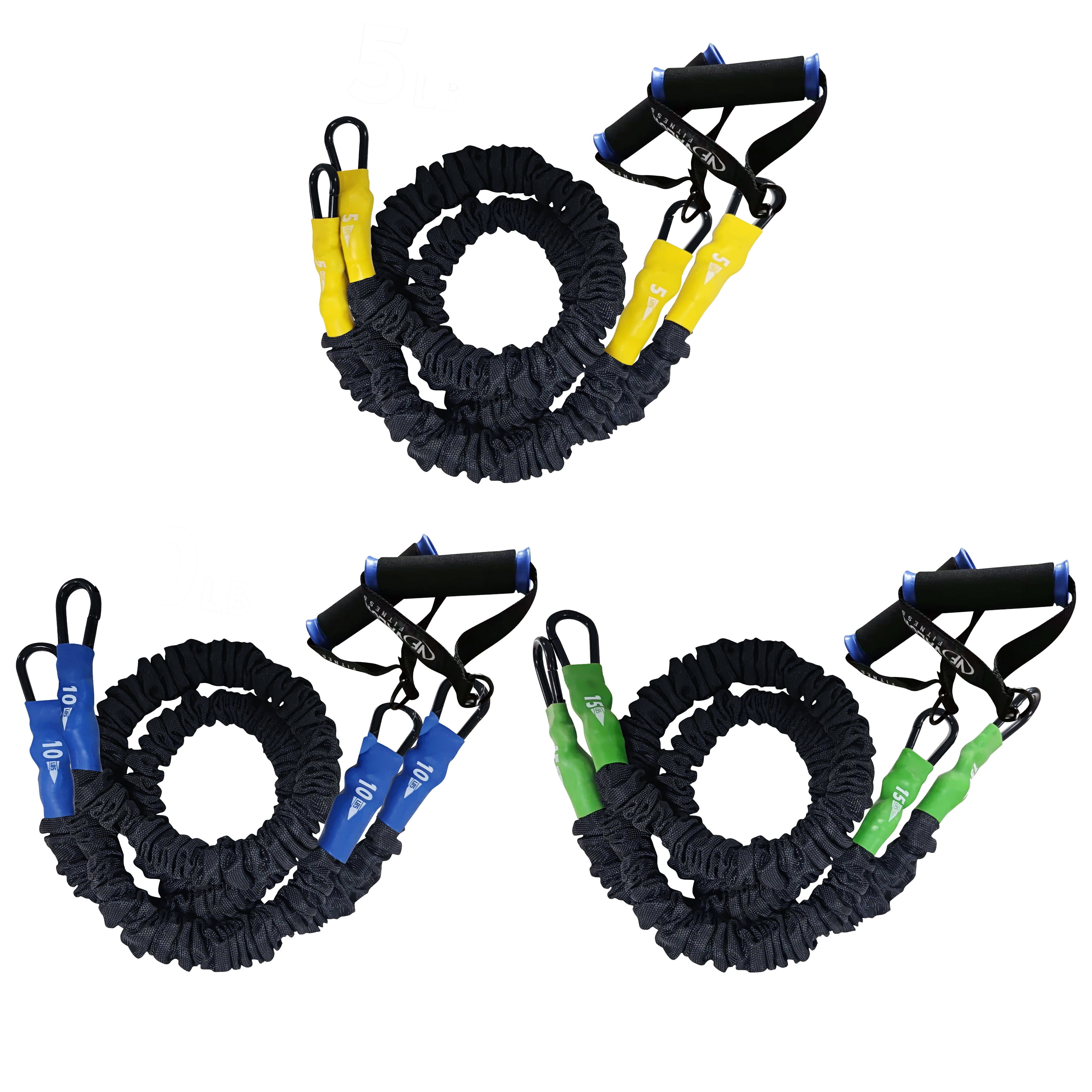 Valor Fitness Resistance Bands – Includes 3 Bands – 5 ,10, 15 lbs. – Carabiners Attached – 2 Handles per Band – Sheath Covered - Mobility Exercise Strength Training