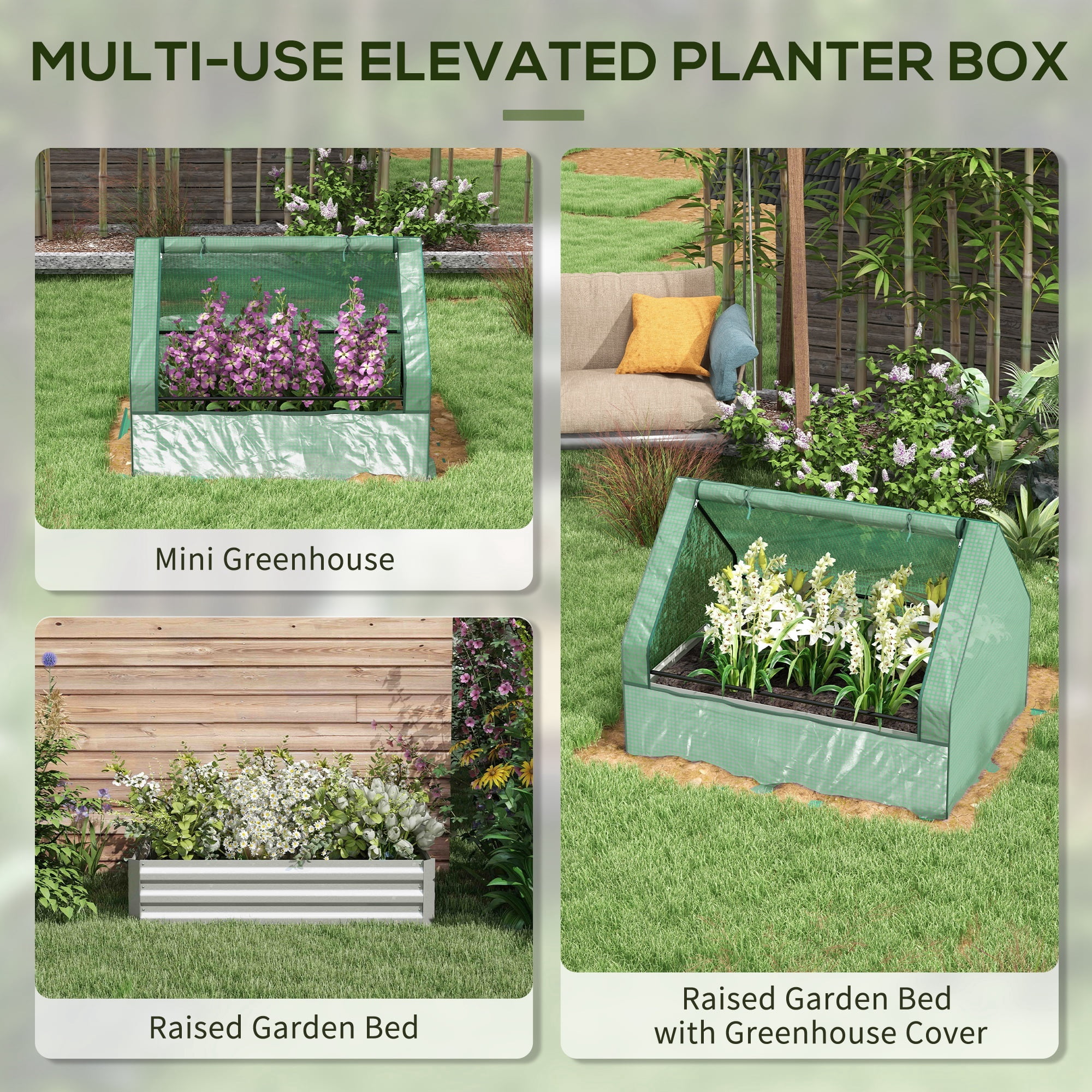 Garden Bed with Mini Greenhouse, Galvanized Outdoor Planter Box with Cover Blue