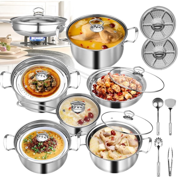 Bateria de Cocina Acero Inoxidable, Juego de Ollas y Sartenes Antiadherentes con Ollas y Espátulas Reforzadas, Apta para Cocinas Eléctricas y de Gas, Apta para Lavavajillas (18 Piezas)