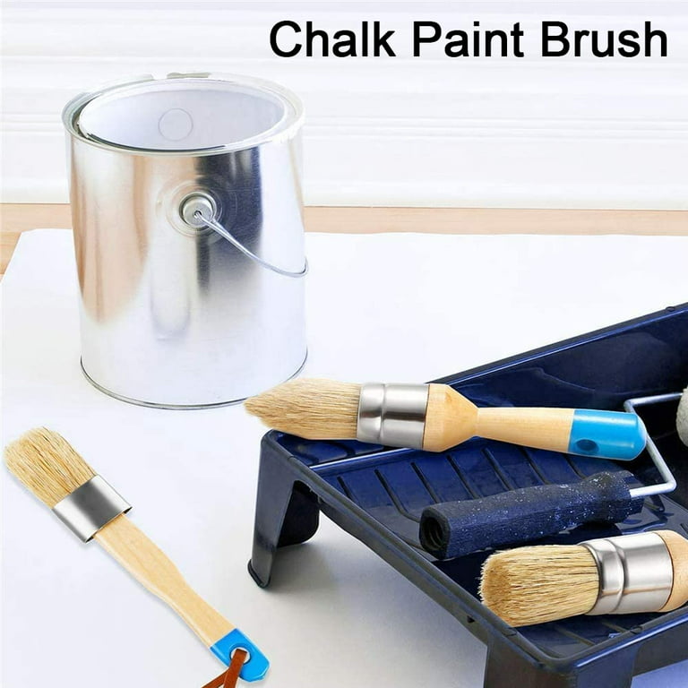 4 Pieces Chalk and Wax Paint Brushes,Reusable Flat and Round Chalked Paint  Brush Set with Bristles for Wood Furniture Home Decor DIY Painting (Blue)