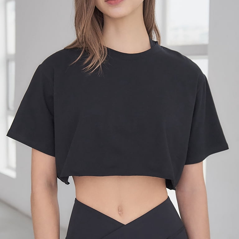 Women's Short-Sleeve Crew-Neck Crop Top Loose Fit Fitness