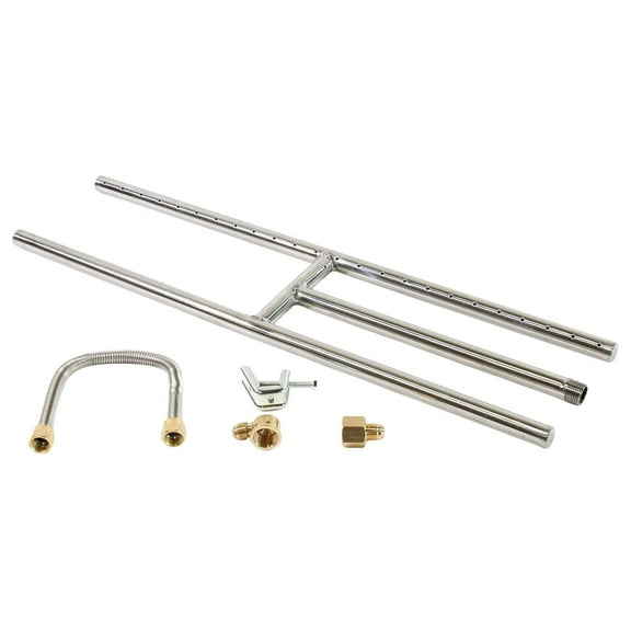 24" x 6" H-Burner, Natural Gas, Stainless Steel, Non-Whistle Flexible Flex Gas Line, Brass Fittings, Fireplace Burner