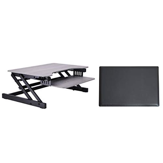 Rocelco Convertisseur de Bureau Debout Réglable en Hauteur 32 Pouces avec Tapis Anti-Fatigue - Rehausseur de Moniteur Double Assis-Debout - Poste de Travail Informatique - Grand Plateau de Clavier Rétractable - Gris (R ADRG-MAFM)