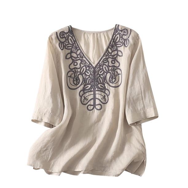 3/4 Manga Casual Tops para las Mujeres en V-Cuello Bordado Blusa Suelta Verano Suave, Mujeres 3/4 Manga Tops