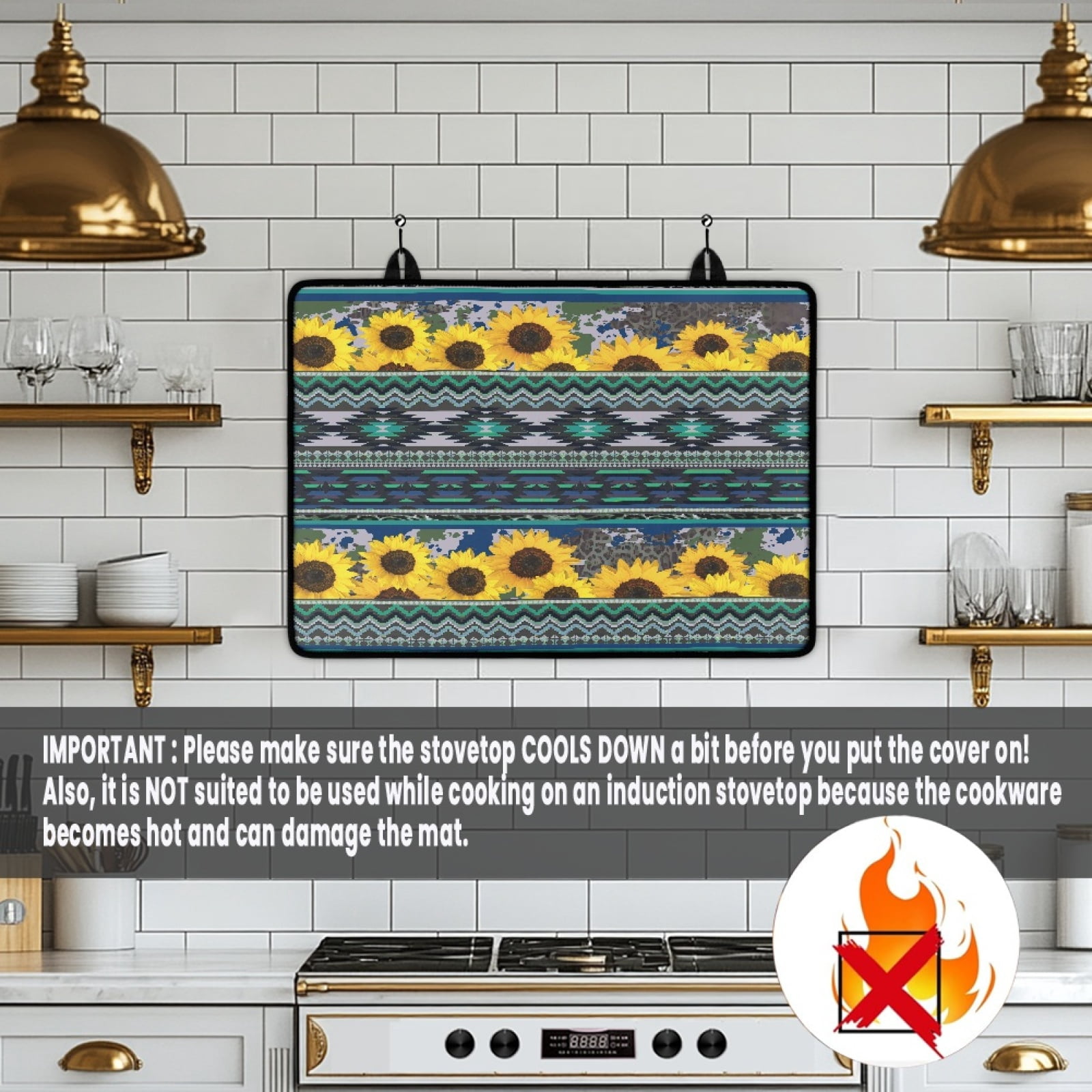 Renewold Stove Top Cover Protector for Glass Stove, Anti-slip Cooktop Mat Scratch Resistant Oven Mat Protector Range Cover Extra Kitchen Space, American Tribal Sunflower Cow Print Teal
