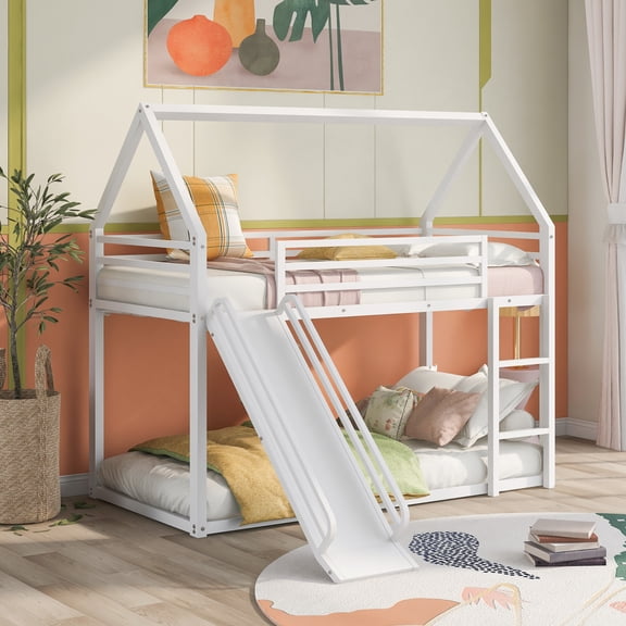 [US IN STOCK] Twin over Twin House Bunk Bed with Ladder and Slide,White(Expected Next Arrival Time:7.01)