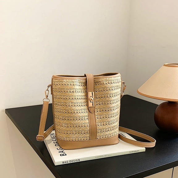Namzi Women's Woven Shoulder Bag Woven Tote Bag and Cosmetic Bag,Summer Beach Weaving Chic Woven Tote Handbags Shoulder Bags 8.66*4.33*7.87inch Khaki A