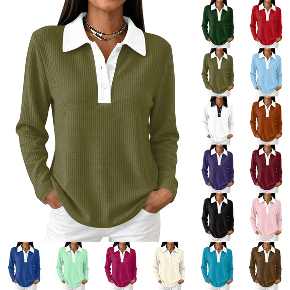 Womens Fall Button Polo Knit Dressy Casual Lightweight Sweaters Collared Work Business Pullover, Cute V Neck Long Sleeve Tops, Basic Warm Winter 2026 Trendy