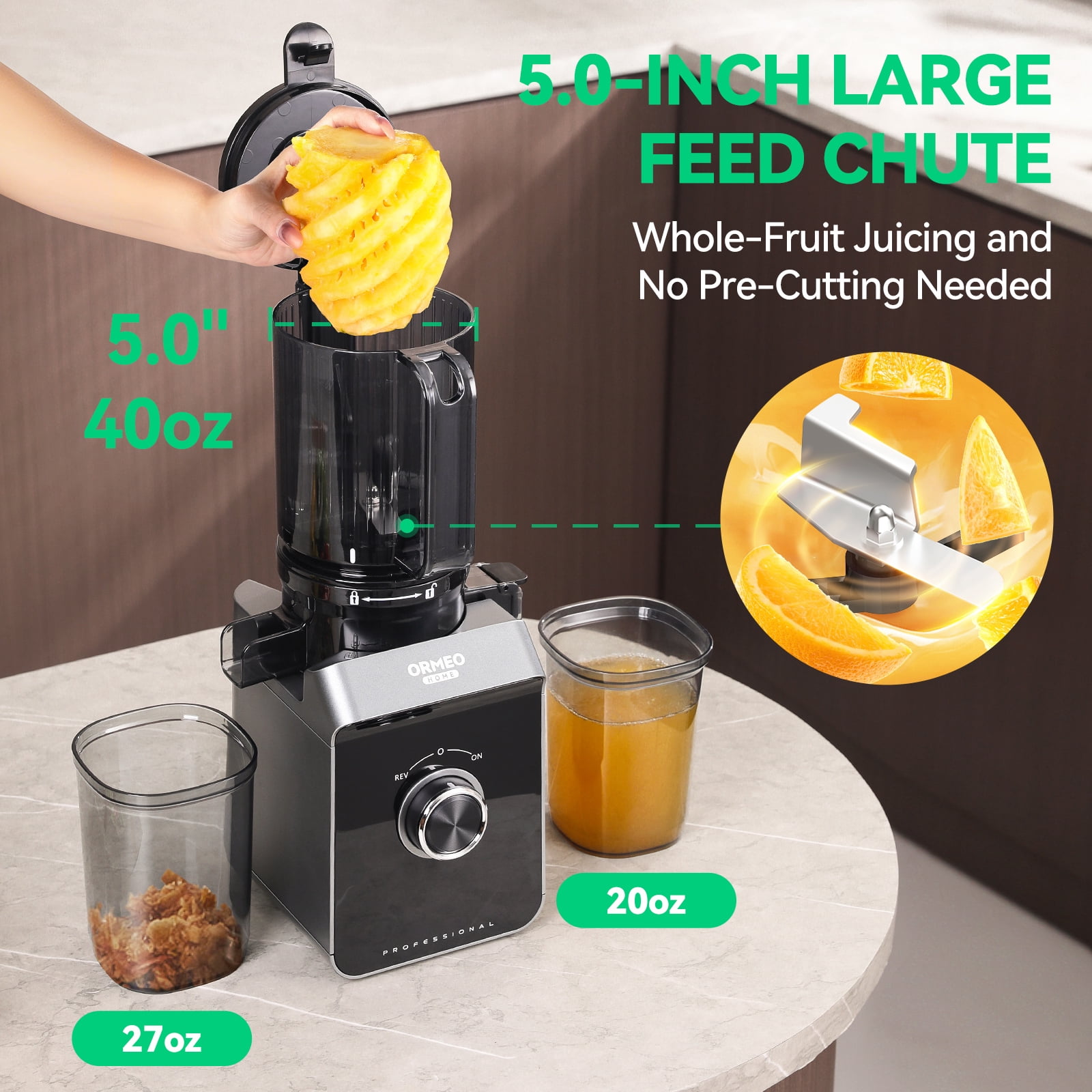 Ormeo Hom Cold Press Slow Juicer with 5.0"Large Feed Chute, Masticating Juicer with Pulp Seperation, 99.6% Juice Purity, Quiet Motor, Easy to Clean, BPA Free