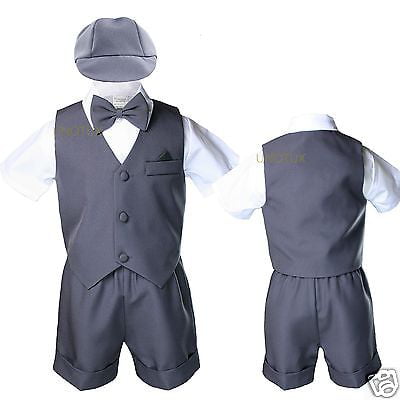 Dark Gray Boy Infant Toddler Formal 4pc Vest Necktie Sets Shorts Suit Baby to 4T 