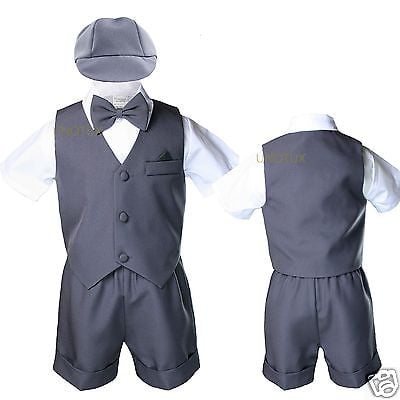 

Dark Grey Gray Silver Infant Boy Toddler Formal Vest shorts Suit Outfits Sz S-4T