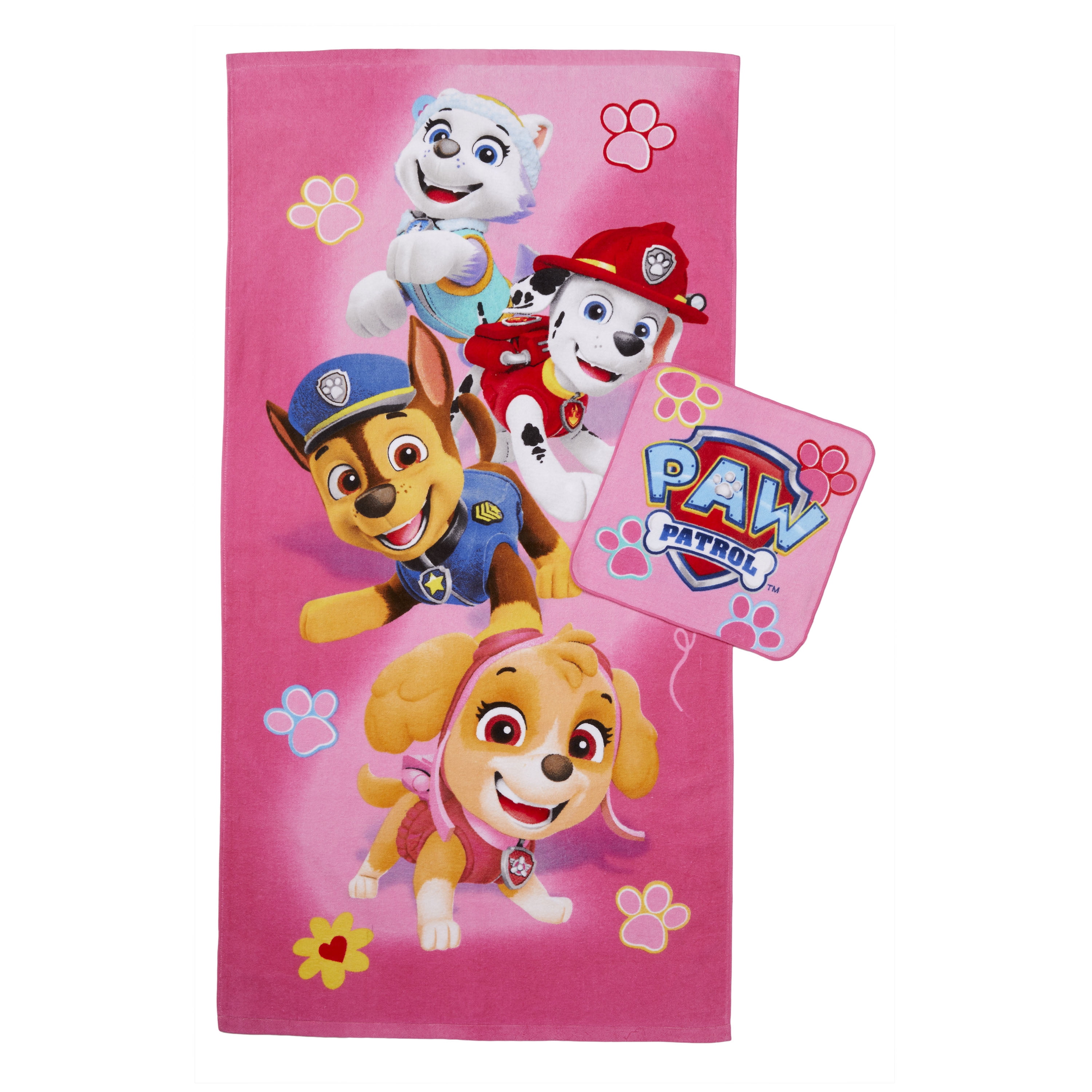 Paw Patrol Kids Bath Towel and Wash Cloth, 2-Piece Set, Cotton, Pink, Nickelodeon