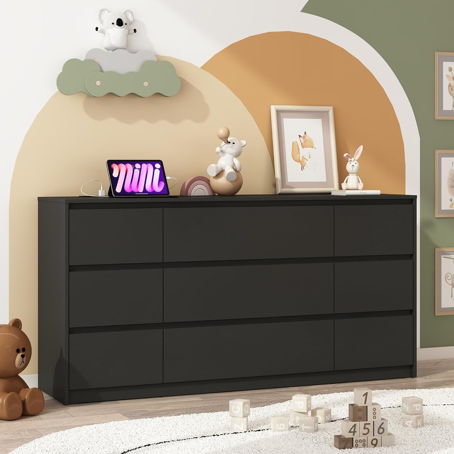 ChVans Black 9 Drawers Dresser with Charging Station, 63" Long Modern Dresser with 9 Drawers for Bedroom, Large Wood Chest of Drawers Handle Free, Dresser for Bedroom, Living Room, Hallway