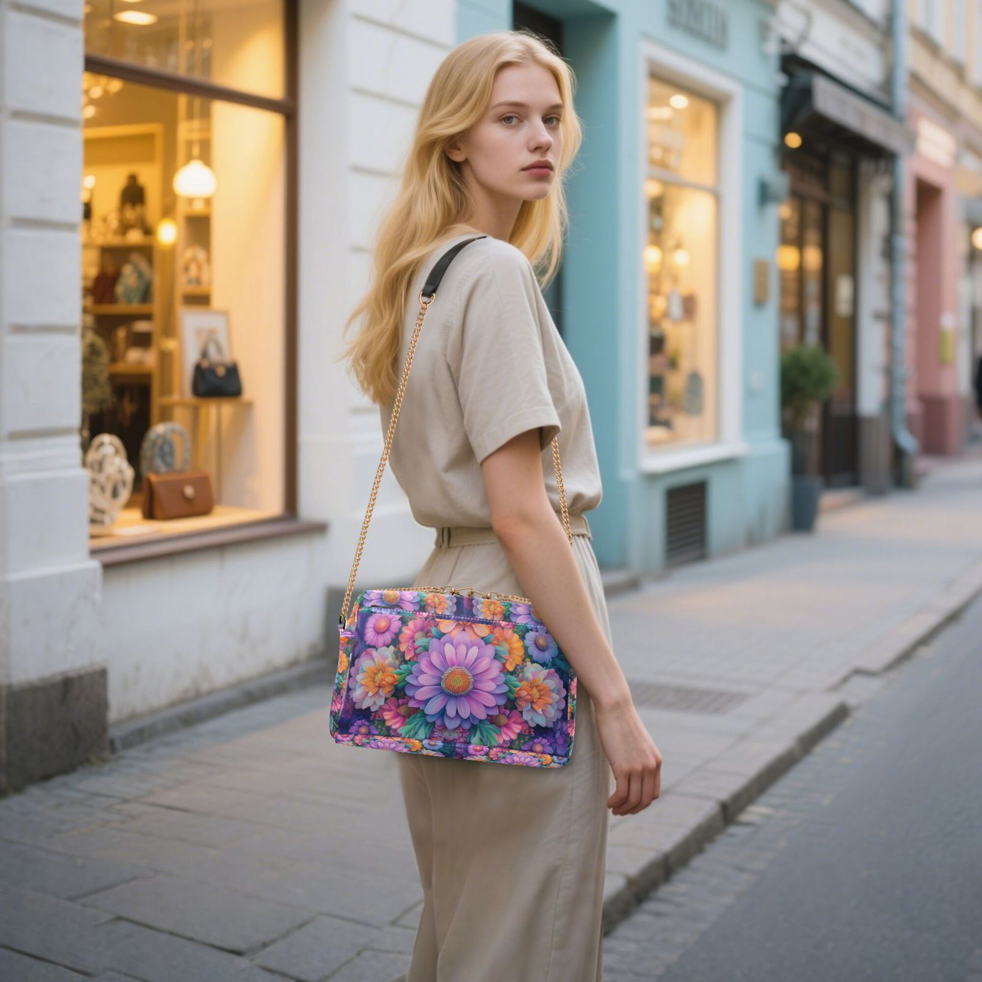 FORMRS Women Crossbody Purse with Chain Strap Vegan Leather Shoulder Handbag, Light Purple Flowers