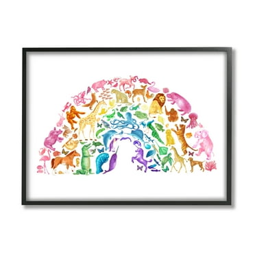Stupell Industries Mixed Rainbow Animals Wildlife Arched Rainbow Shape Graphic Art Black Framed Art Print Wall Art, Design by Dishique