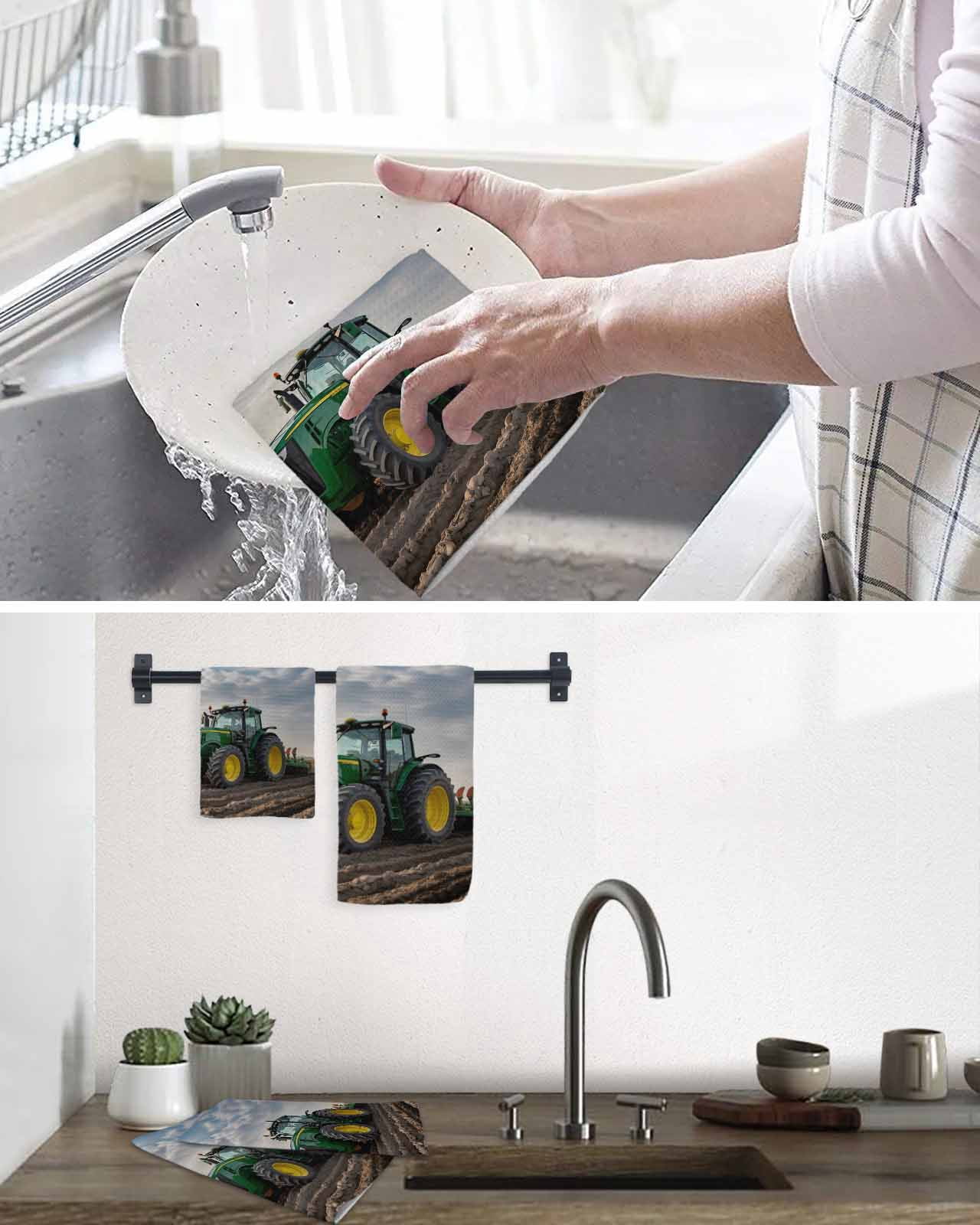 Farm Tractor Kitchen Dish Towels for Drying Dishes Set of 4, Green Truck Country Rustic Field Harvester Waffle Weave Microfiber Hand Tea Bathroom Towels Quick Dry & Absorbent Towel 12x12