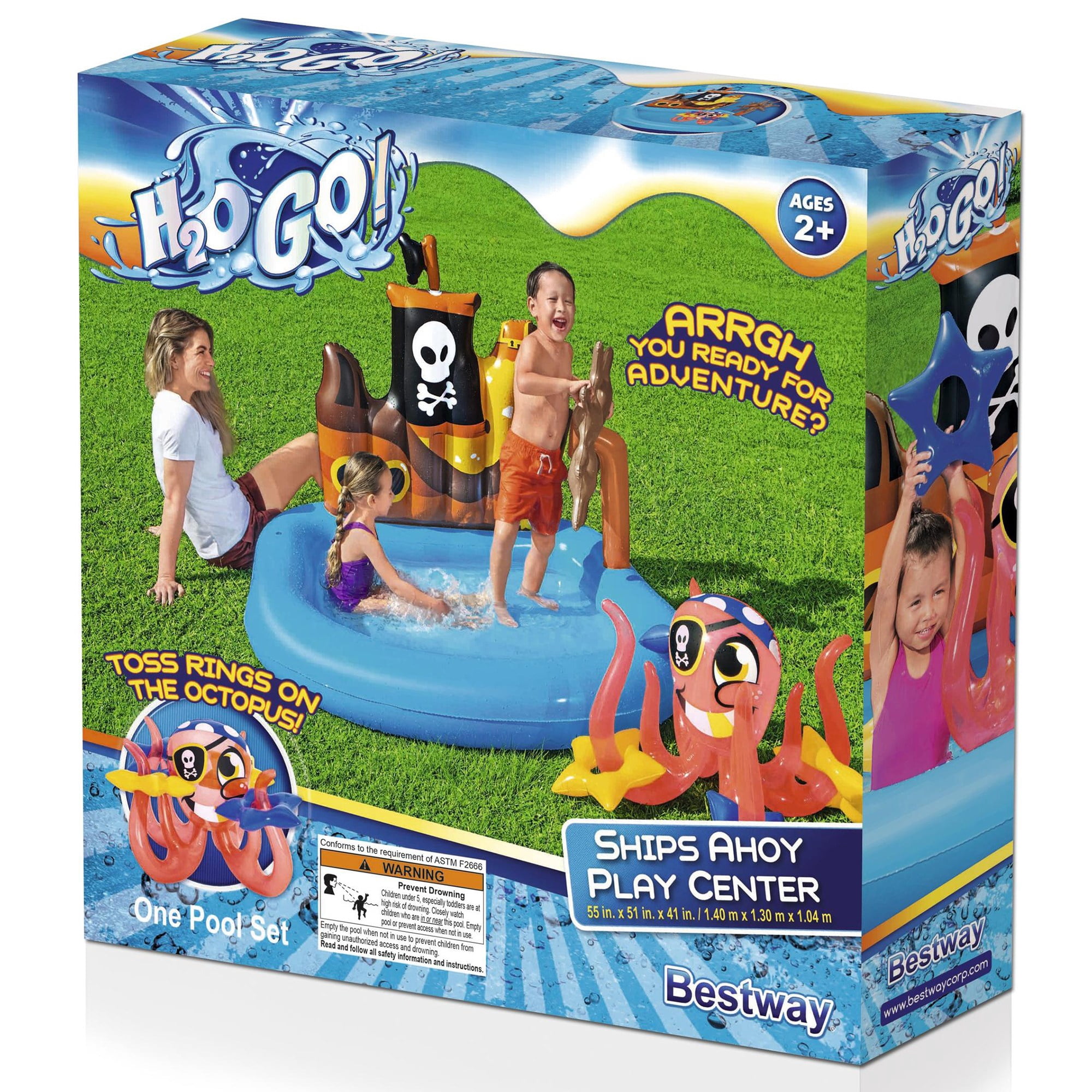H2OGO! Ships Ahoy Pool Play Center - 55" x 51" x 41" - Bestway, Kids Inflatable Water Play Set, Includes Inflatable Octopus, Compass & 4 Rings, Kids Pirate Themed Pool, 22 Gallon Capacity, Ages 2+