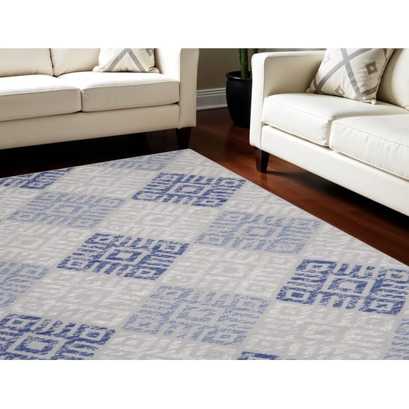 8' X 10' Beige Blue and Gray Geometric Distressed Non Skid Area Rug
