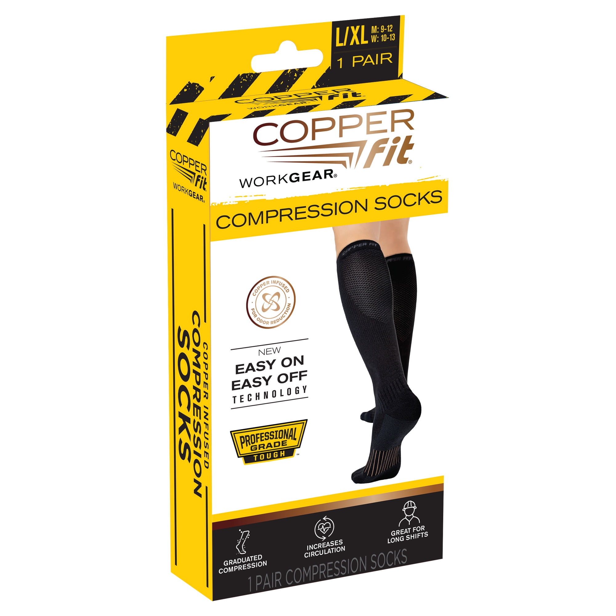 Copper Fit Work Gear KneeHigh Compression Socks, Easyon/Easyoff