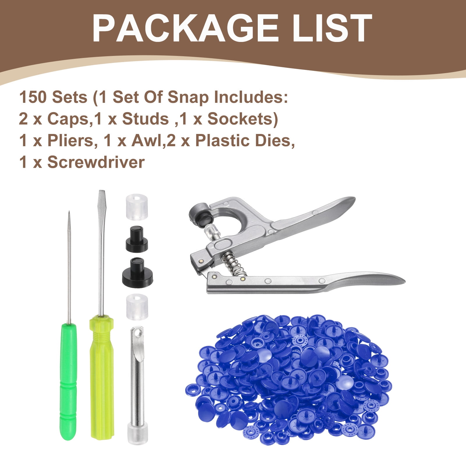 Uxcell Plastic Snaps Fasteners with Snap Pliers, 150 Set T5 Round Resin No-Sew Button Snap Fasteners Kit Blue