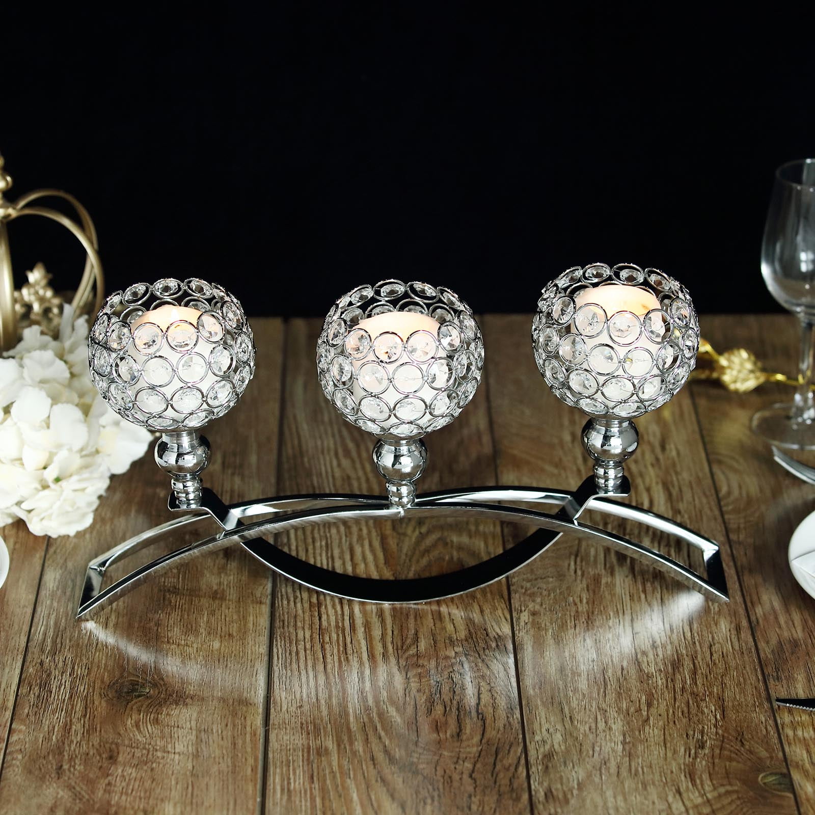 3'' Crystal Beads Candle Holder Banquet Candlestick Table Centerpiece-Silver 