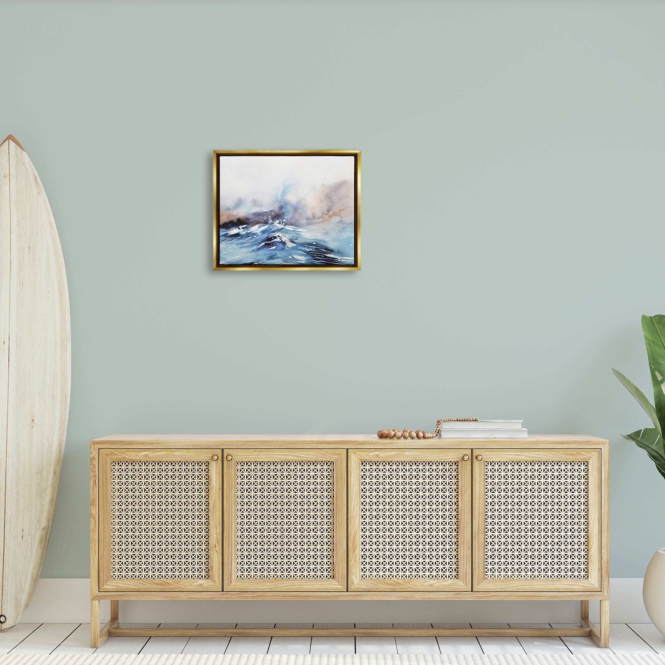 Abstract Crashing Ocean Waves Coastal Painting Metallic Gold Framed Art Print Wall Art