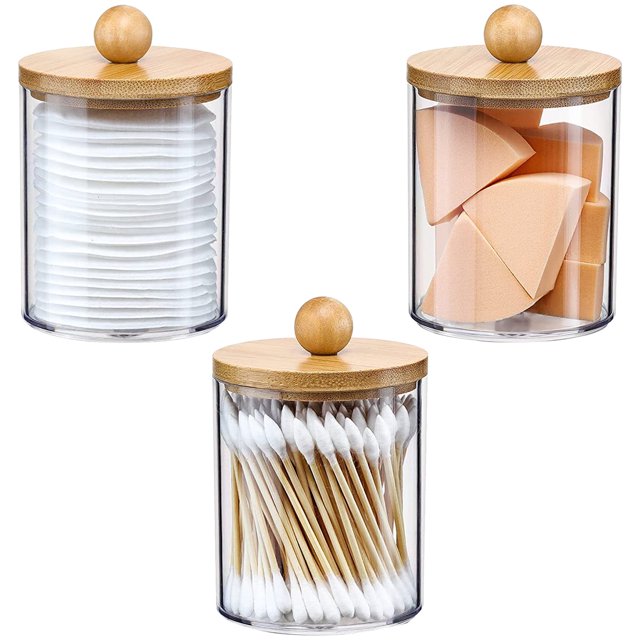 Dispensador de hisopos de acrílico de 3 piezas de 11.5 oz, soporte transparente para hisopos de algodón con tapa de bambú