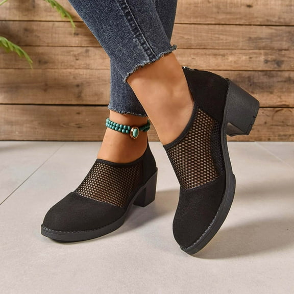 Viluyesy Women's Block Heels Sandals, Mesh Breathable Back Zipper Closed Toe Fashion Suede Dress Shoes Black