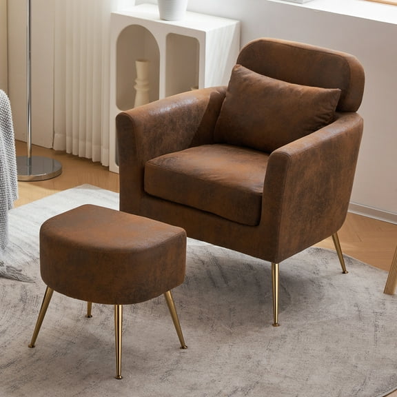 Accent Chair with Ottoman, Upholstered Arm Chair Living Room Chairs with Footrest and Armrest, Comfy Lounge Recliner Reading Armchair for Bedroom, Small Spaces, Waiting Room, Brown