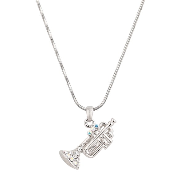 Trumpet Pendant Necklace Rhinestone Crystal Rhodium Plated 17 Inch Snake Chain J1200