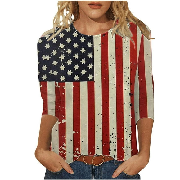 lcziwo Womens 4th of July Shirts Plus Size 3/4 Sleeve Independence Day Graphic Tees 2o25 Summer Crewneck Patriotic Tops,Multicolor,XXL
