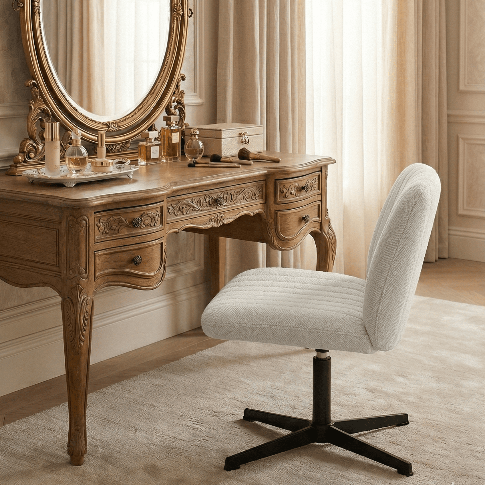 Nouhaus Criss Cross Line Chair, Cross Legged Vanity Chair No Wheels, Height Adjustable Wide Seat Computer Task Chair Home Office Chairs