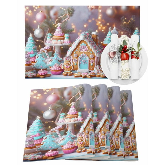 Candy Gingerbread Placemats Set of 4 Christmas Tree Light Ball Cute Fantasy Heat Insulation Washable Place Mats, Rustic Non-Slip Table Mats for Dining Table Party Kitchen Decor,13x19 Inch