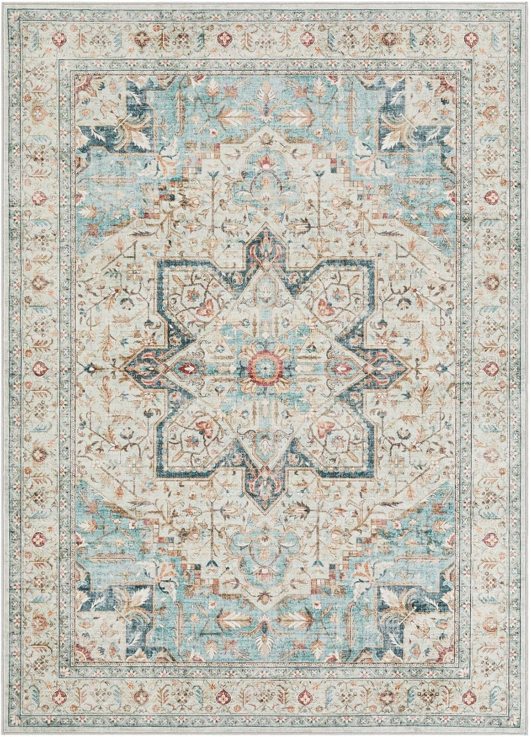 Toyoso 10x14 Area Rug Living Room Rugs - Washable Boho Rug Vintage Oriental Distressed Farmhouse Large Thin Indoor Carpet for Living Room Bedroom Under Dining Table Home Office - Aqua Multi