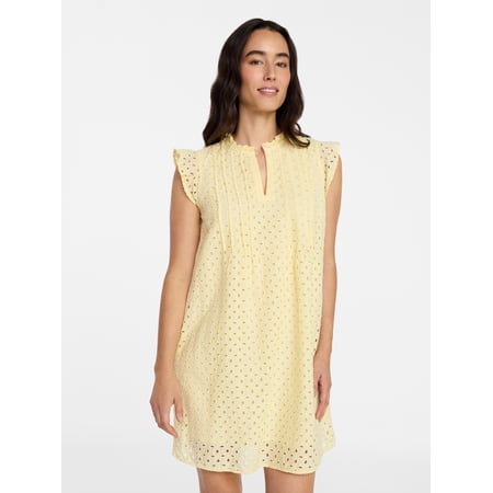 Time and Tru Women's Cotton Eyelet Mini Dress with Flutter Sleeves, Sizes XS-XXXL