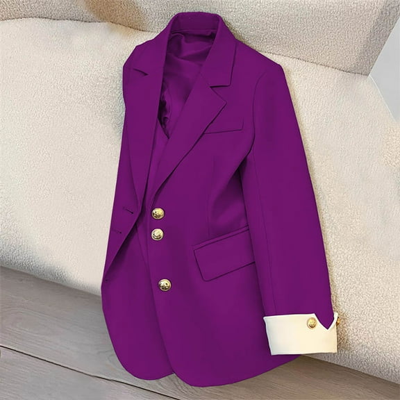 PiGOGI Women's Casual Solid Color Pocket Turndown Collar Long Sleeve Blouse Blazer office Work Jacket for Professional Wear Purple XL