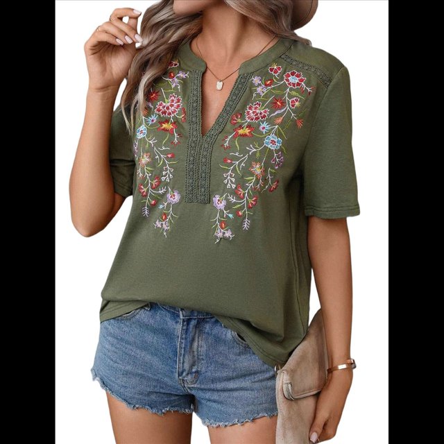 Camisas Mexicanas para Mujer, Blusa Tradicional de Verano Bordada, Túnica Floral, Cuello en V, Camiseta de Corta. Verde XL