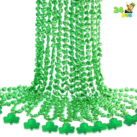 Joyfy 24 Pcs St. Patrick's Day Shamrock Necklaces, Green Clover-Shaped Bead Necklace with Pendant for St. Patrick's Day Party Supplies,Dress-up Accessories Party Favors