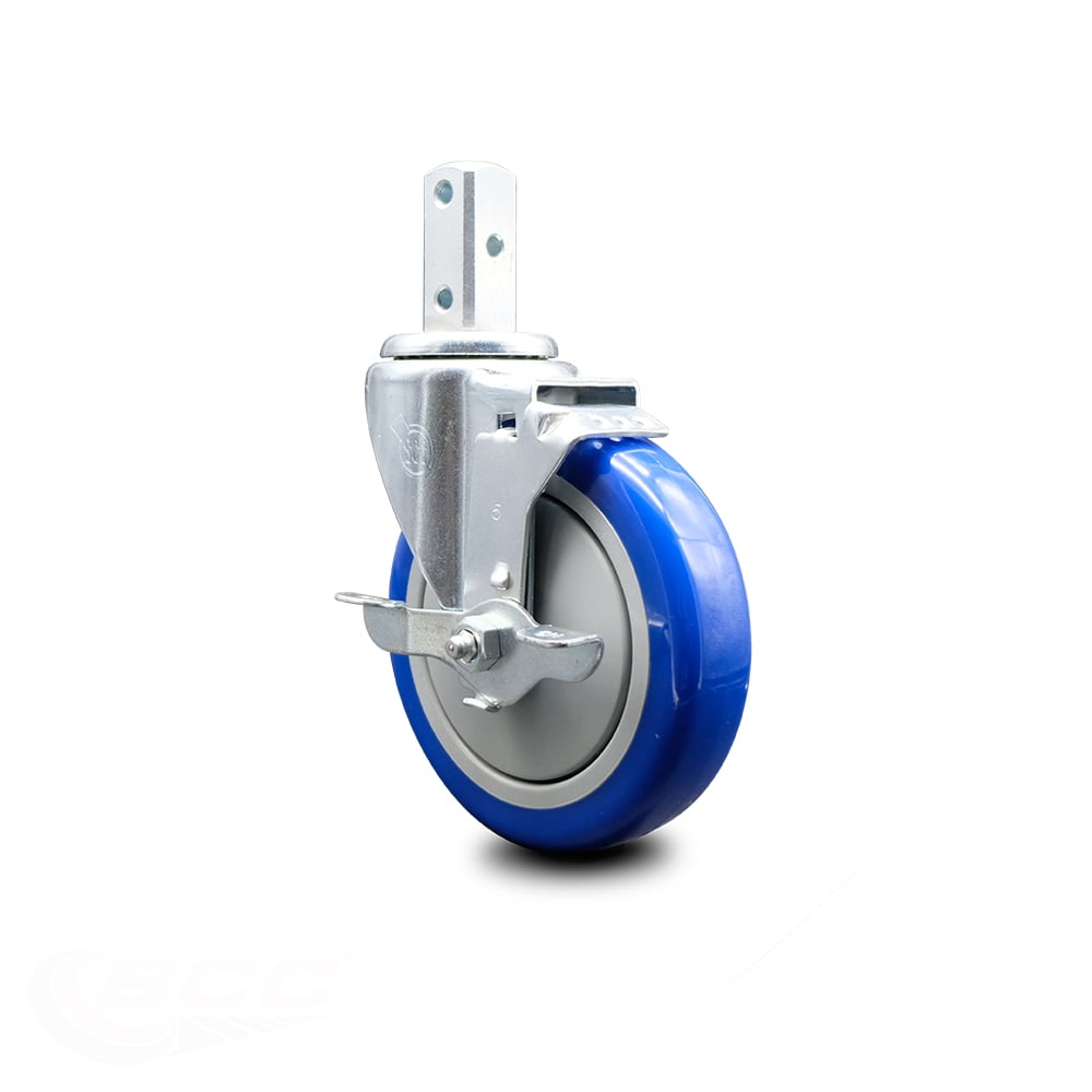 Swivel Square Stem Caster w/5” x 1.25” Blue Polyurethane Wheel – 7/8” x 2” Square Stem with (3) 17/64” Diameter Mounting Holes & Top Lock Brakes – 350 lbs. Capacity/Caster – Service Caster Brand