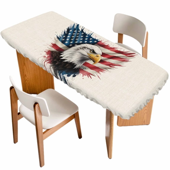 Independence Day Table Cloths for 8 Foot Rectangle Tables, Patriotic Eagle U.S Flag Vintage Patio Waterproof Elastic Fitted Tablecloths, Washable Rectangular Table Cover for Camping