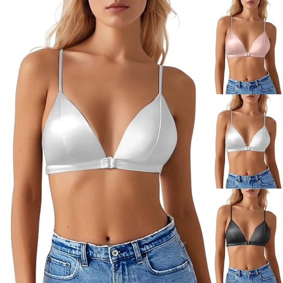 khonts Satin Front Hook Closure Bras for Women Triangle Thin Pad Soft Bra Wireless Spaghetti Strap Bralette White XL
