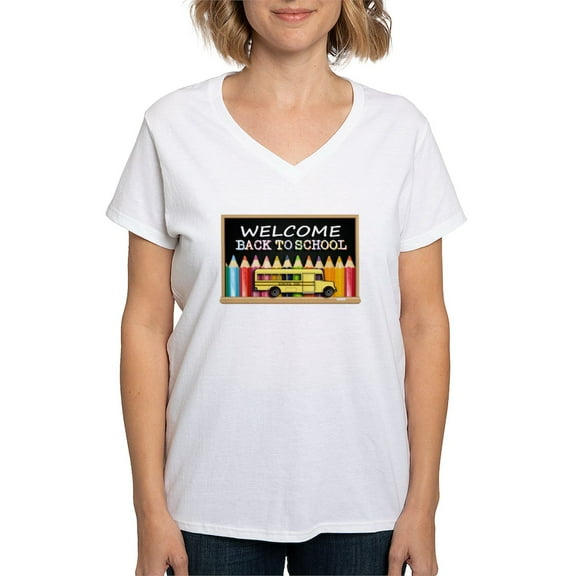CafePress - WELCOME BACK TO SCHOOL BUS T Shirt - Womens Cotton V-Neck T-shirt