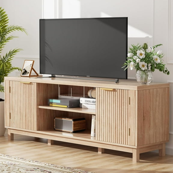 Fluted TV Stand, 59'' TV Stands Entertainment Center with Storage Cabinet, Modern Wood TV Cabinet Table for 50/55/60/65 Inch TV, Media TV Consoles for Living Room-Natural Oak